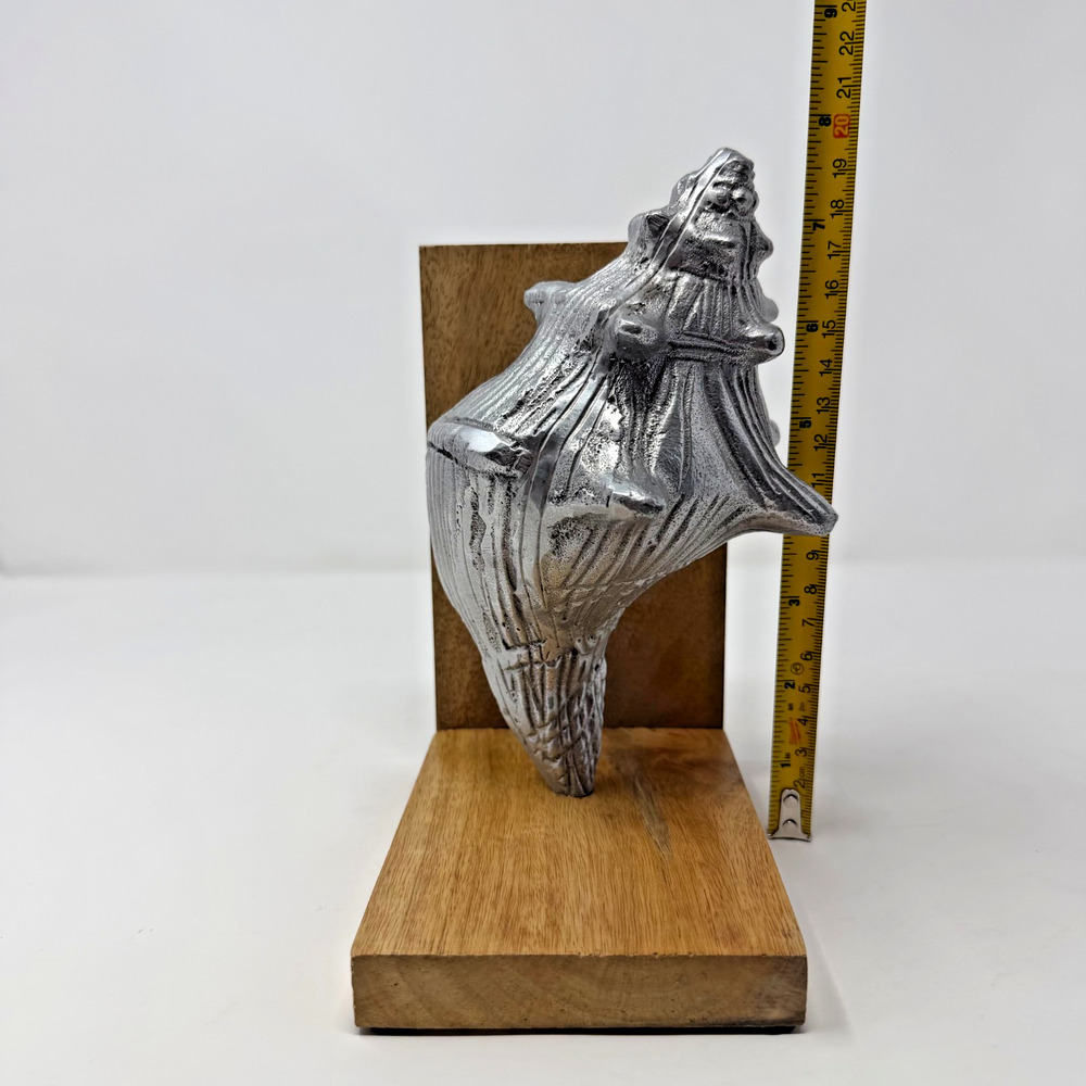 Vintage Cast Metal Shell Bookends Wood Base Made in India Nautical Decor - Picture 8 of 12